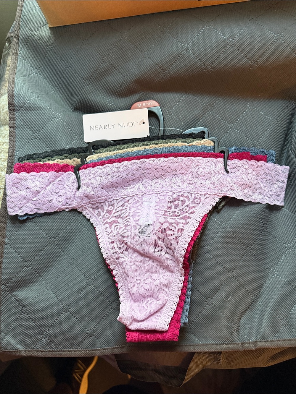 Nearly Nude Lace Thong Set in Lavender, Pink, Olive, Blue and Black